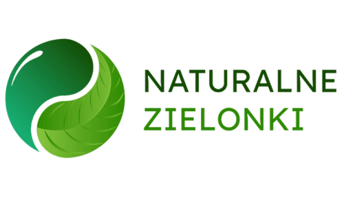 Logo Naturalne Zielonki przedstawiające zielono-niebieski symbol ying-yang z liściem oraz napis "Naturalne Zielonki" w zielonym kolorze.