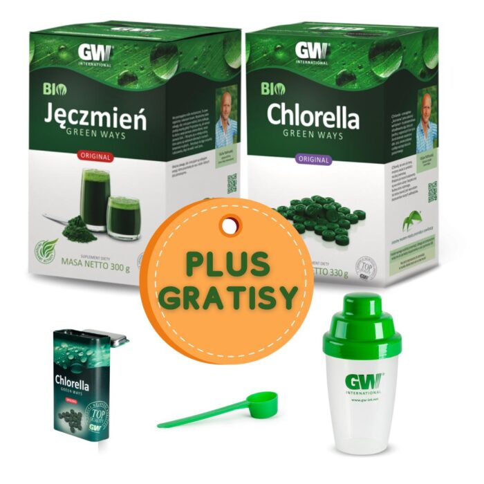 Zestaw BIO Sok z Jęczmienia i BIO Chlorella Green Ways (330g), idealne do detoksykacji i wsparcia zdrowia. W zestawie shaker, miarka oraz pudełko na drażetki GRATIS, zapewniające wygodę codziennego stosowania.